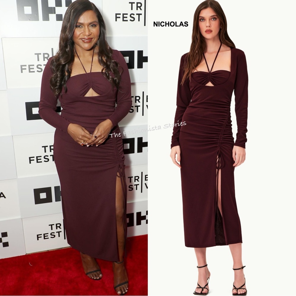NICHOLAS Burgundy Long Sleeve Midi Dress with Ruched Side & Keyhole